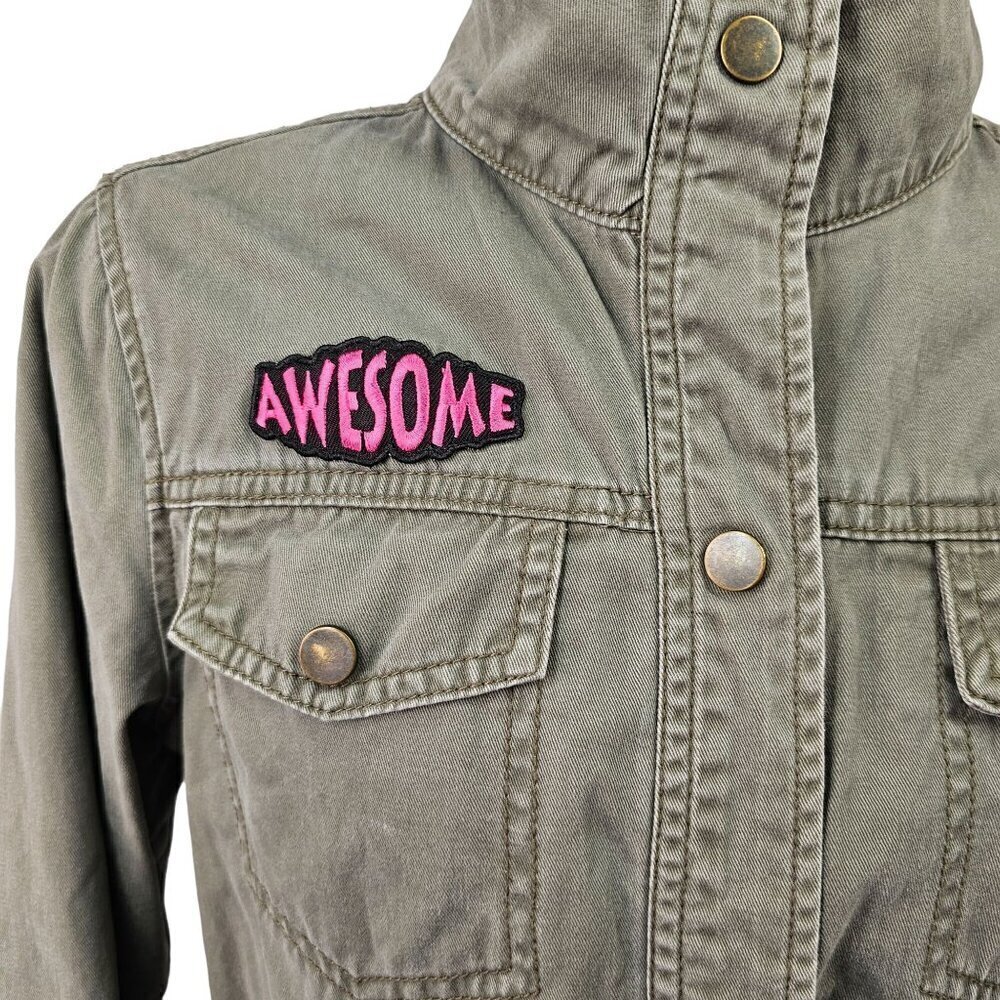 Cat & Jack Girls Military Style Jacket Snap Close Emoji Patch 4 Pocket XL Green